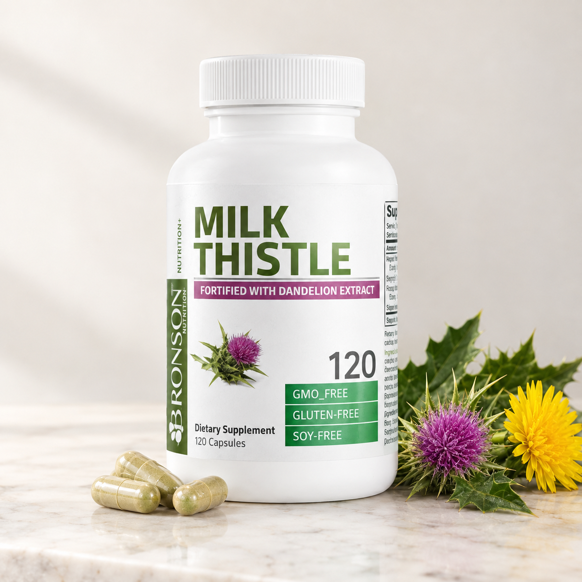 Frasco de Milk Thistle con Diente de León sobre mármol con cápsulas y flores